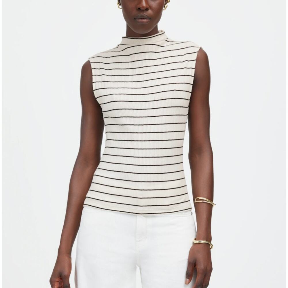 Madewell Ribbed Mockneck Tank Womens XL White Black Stiped Stretch Knit Fitted